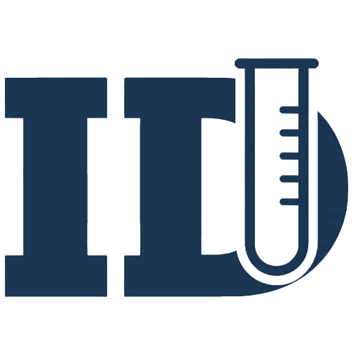 Logo v podobě stylizovaného textu ID kde D je protnuté laboratorním měrným sklem