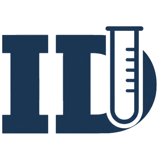 Logo v podobě stylizovaného textu ID kde D je protnuté laboratorním měrným sklem
