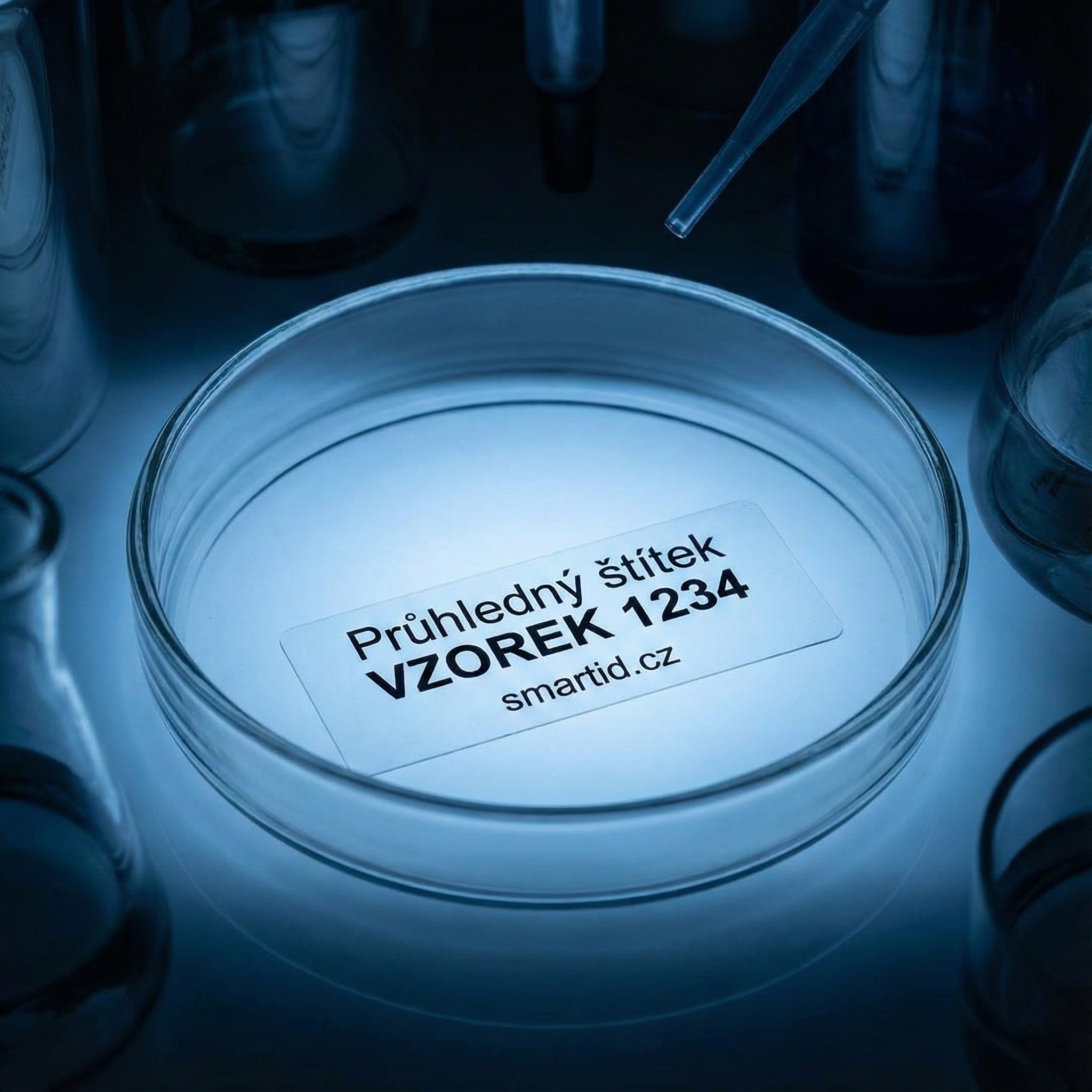 Detail laboratorní Petriho misky v modrém nasvícení, na jejímž dně je nalepený čitelný průhledný štítek s černým textem 'Průhledný štítek VZOREK 1234 smartid.cz'.