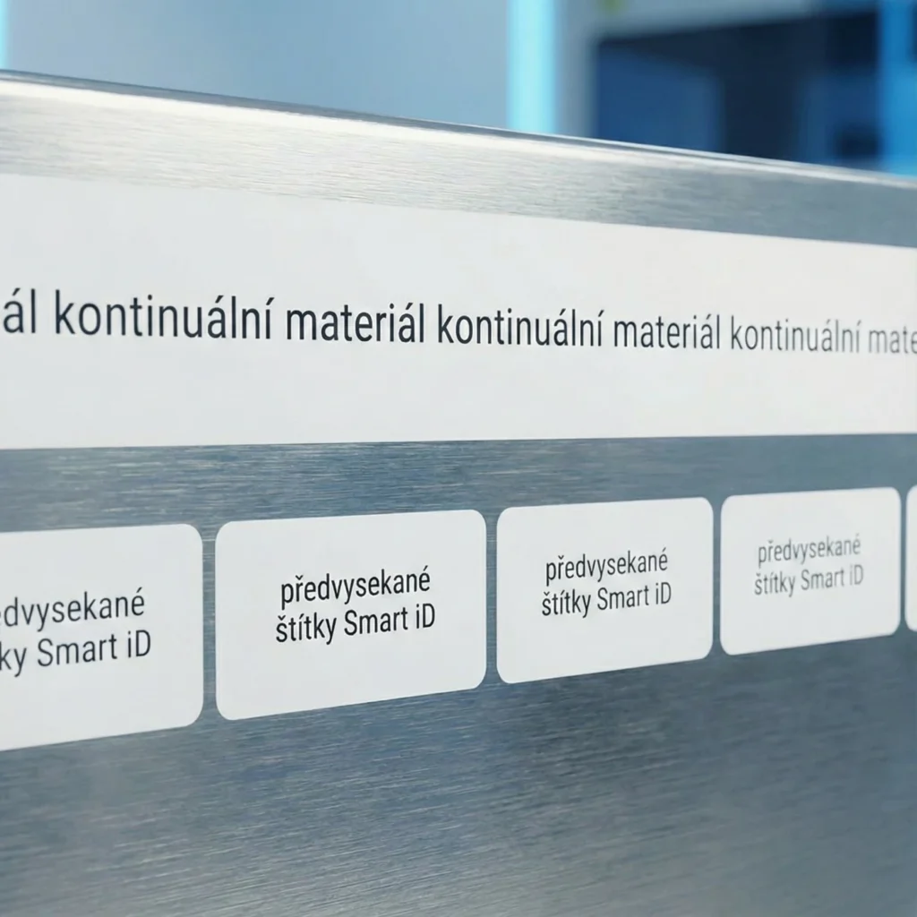 Nerezová deska s kontinuálním pásem a předvysekanými štítky do laboratoře.